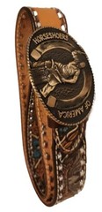 HORSESHOERS AMERICA AWARD DESIGN SOLID BRASS BUCKLE W/ LEATHER WILSON BELT SZ40