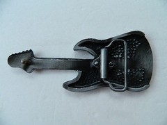 ELECTRIC GUITAR BELT BUCKLE ZINC ALLOY, PEWTER & FAUX DIAMOND, 5.5&Prime;, 3D SCULPTED