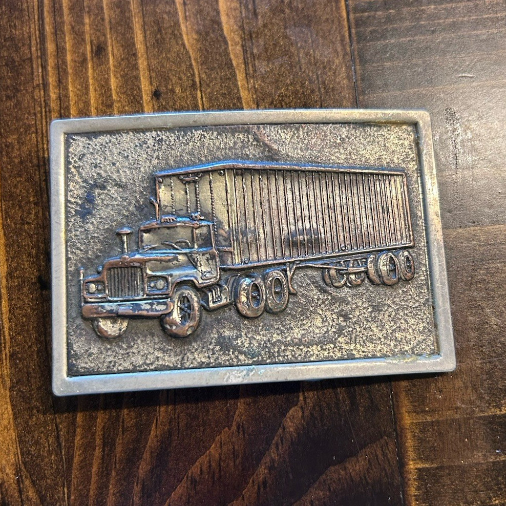 Vintage Silver Tone Metal Rectangular Semi Truck Trailer Belt Buckle Fits 1.5 in