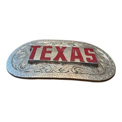 Vintage Texas State Western Cowboy Rodeo Belt Buckle Red Letter Silver Tone
