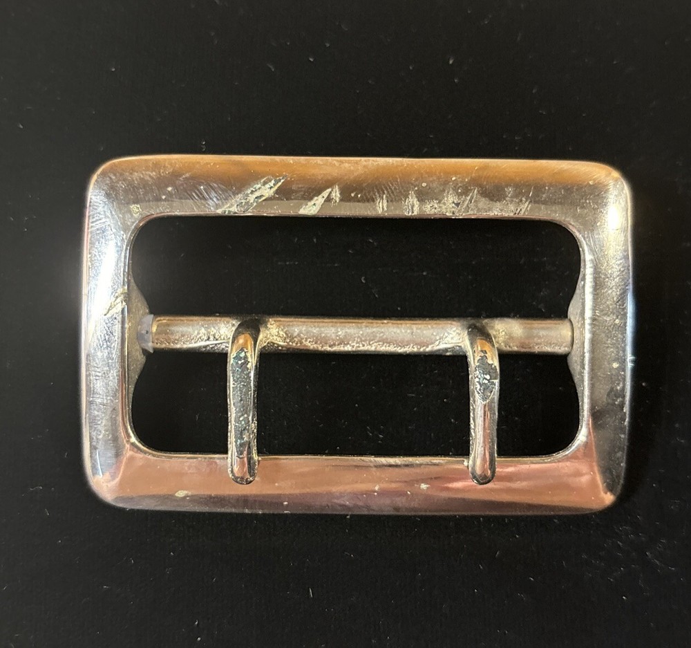 Vintage Solid Brass Chrome Plated 2.25” Double Prong Duty Belt Buckle USA #6