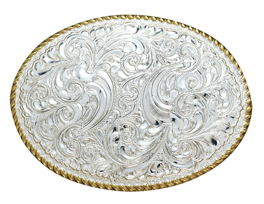 Crumrine Western Belt Buckle Oval Scroll Rope Edge Silver C01874