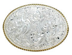 Crumrine Western Belt Buckle Oval Scroll Rope Edge Silver C01874