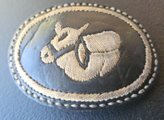 BULL IMAGE. GENUINE LEATHER . EBROIDERED BELT BUCKLE. WHITE ON DARK LEATHER