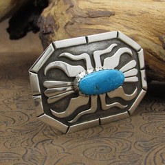 Long Oxidized Octagon-Shaped Sterling Silver Overlay Turquoise Belt Buckle