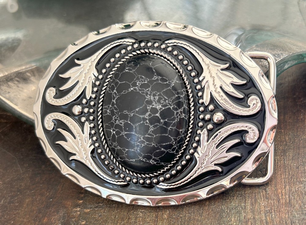 Western Black Vein Stone Belt Buckle Engraved Silver Oval Cowboy Style