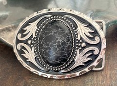 Western Black Vein Stone Belt Buckle Engraved Silver Oval Cowboy Style