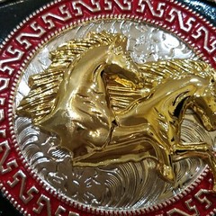 Running horses Western Men Long belt Buckle 7×3.5 silver, red and black oblong