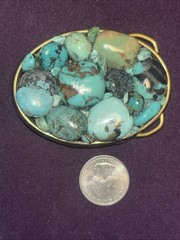 OA. « A.V. MAX NYC » Oval Brass Turquoises Stone Buckle Made in USA