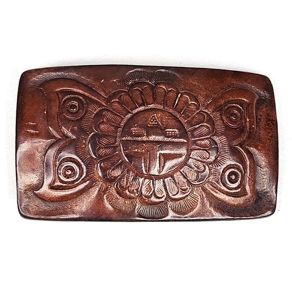 Vtg Hand Tooled Leather belt buckle Native American Indian Southwestern 3×2&Prime;