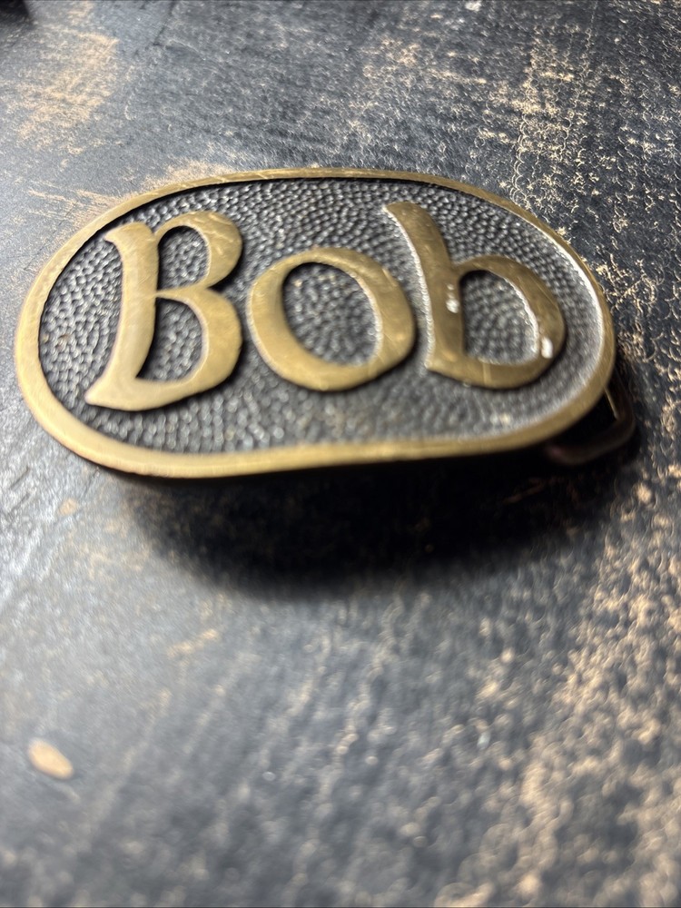 Vintage 1970s BOB Letters Solid Brass Gold Slide Belt Buckle Rectangular