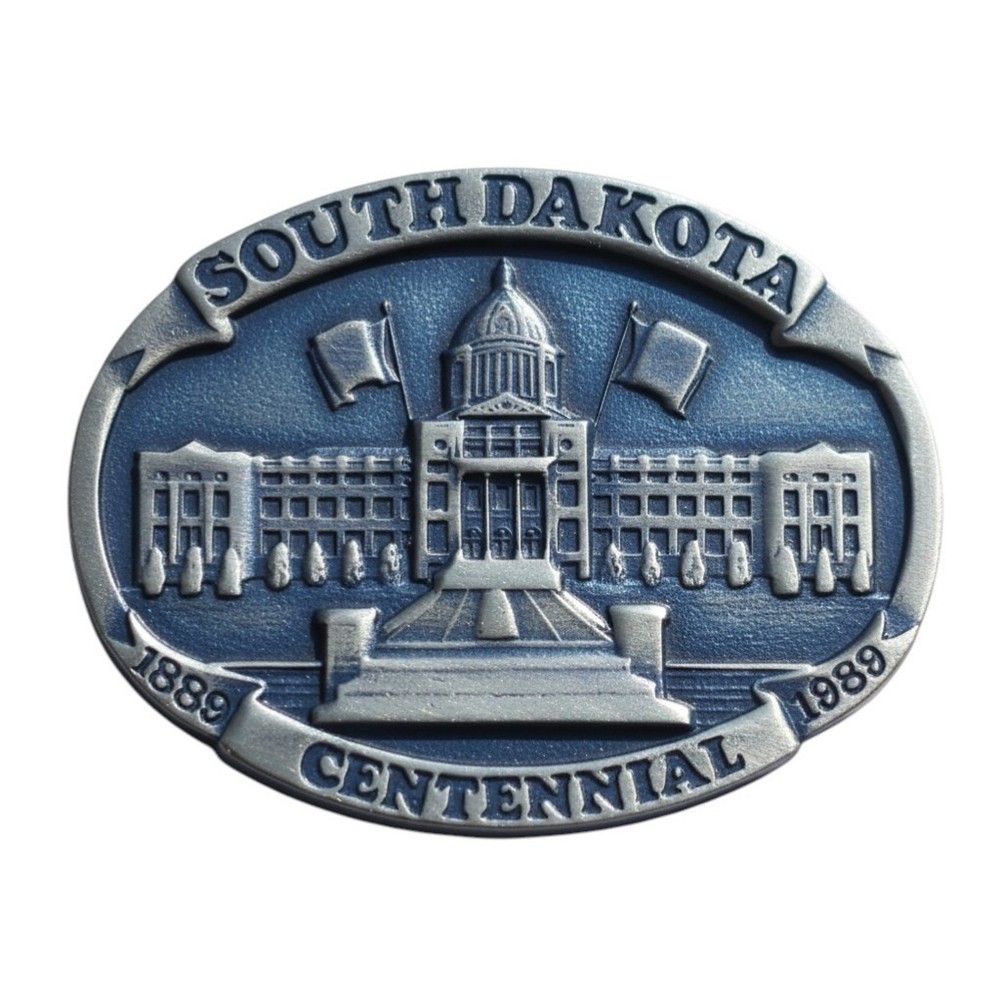 VTG South Dakota Centennial 1889–1989 Belt Buckle Brass Patina State Capitol LMT