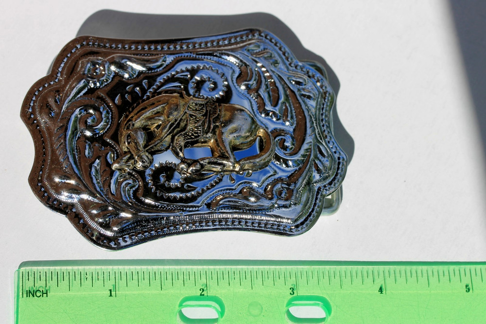 Vintage Western Silver Tone Belt Buckle with Brass Tone Bucking Bronco Horse