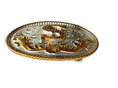 Western Initial Belt Buckle 3.5 x 2 5/8 in Oval S Silver Engraved Gold 1.75