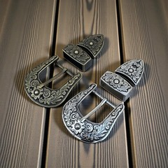 Western 3-Piece Belt Buckle Set Floral Engraved Silver Bronze Cowboy Rodeo Style