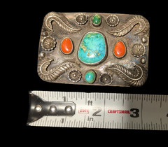 LARGE Southwestern Navajo Sterling 925 Turquoise Coral Belt Buckle vtg OLD PAWN