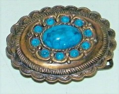 Vintage Brass Pressed Southeast -West Turquoise Belt Buckle Cooper Color EC