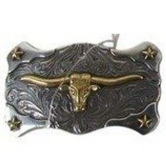 Western Longhorn Bull Belt Buckle Silver Gold Tone Floral Engraved Star Rodeo
