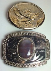 Two Belt Buckles Lrg Silvertone w/Jasper Cabochon – Goldtone Flying Eagle & Sun