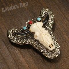 Hand Carved Bull Skull Western Floral Large Belt Buckle with Turquoise & Coral