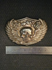 Vintage Silver Skull Belt Buckle With Wings And Roses Biker Gothic