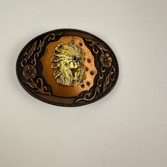 Western Copper Tone Belt Buckle Native Chief Head Oval Floral Scroll