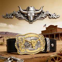 Western Cowboy Belt Buckle Longhorn Bull Silver Gold Tone Rodeo Fits 1-1/2&Prime; Belt