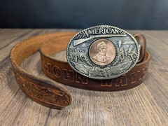 Vintage ~ John Wayne Hand Tooled Leather Belt w/ Solid Brass JW American Buckle