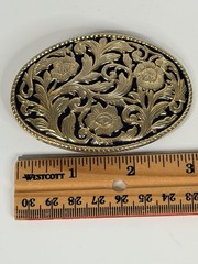 Western Plain Floral Belt Buckle Gold and Black Cowboy Cowgirl Rancher Style VTG