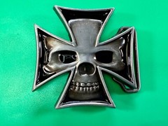 Maltese Iron Cross with Skull Reflective Cutout Gothic Punk Vibe Belt Buckle