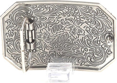 ARIAT Rectangle Buckle with Western Floral Engraving and Emblem, Antique Silver