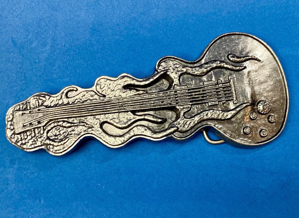 Guitar Flames 5&Prime; Wide Belt Buckle – Heavy Metal Style Figural Silver Color