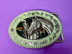 Horse Head and Saddle Enamel Rodeo Cowboys Cowgirls Dimensional Belt Buckle