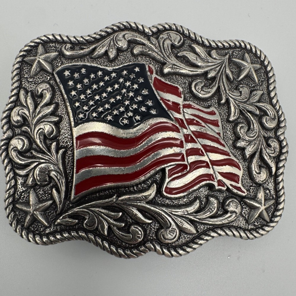 Patriotic American Flag Western Belt Buckle Silver Tone Red Blue Enamel Stars