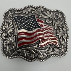 Patriotic American Flag Western Belt Buckle Silver Tone Red Blue Enamel Stars
