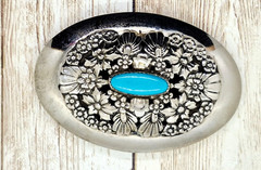Silvertone Metal Western Style Belt Buckle Faux Turquoise Fits 1 1/2&Prime; Belts