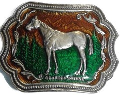 Vintage Pewter Quarter Horse Belt Buckle Green Brown Scenic Design Enameled