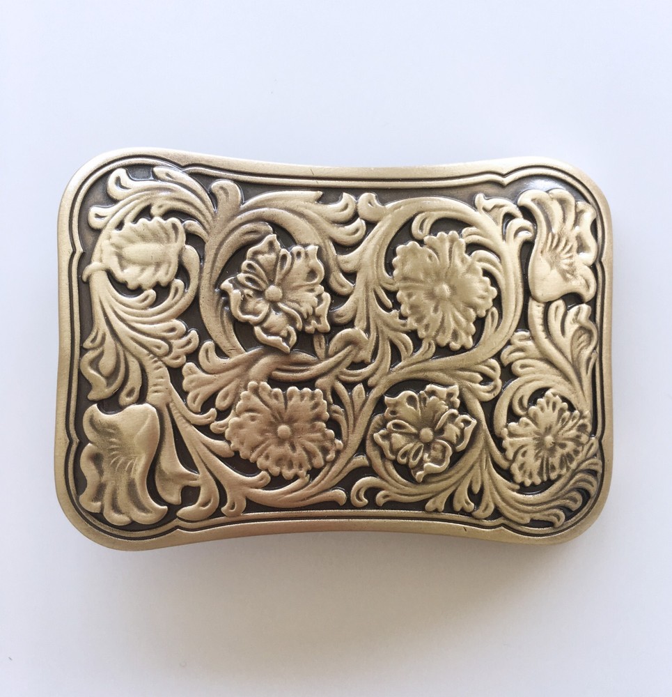 Western Flower Southwest Cowboy Cowgirl Rectangle Solid Brass Belt Buckle