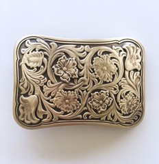 Western Flower Southwest Cowboy Cowgirl Rectangle Solid Brass Belt Buckle