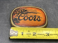 Vintage Coors Banquet Beer Brass & Leather Belt Buckle