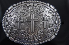 Nocona Western silver tone Belt Buckle Oval Rope Edge 3 Cross Scrolling 37980