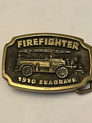 Vintage Firefighter 1910 Seagrave Fire Truck Belt Buckle Solid Brass BTS MadeUSA