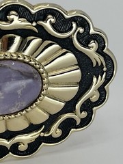 Belt Buckle Lavender Jade Cabochon oval gold tone black enamel background