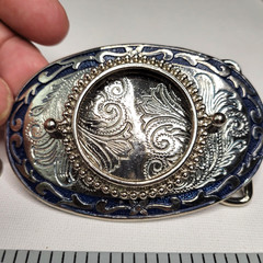 Vtg NOS Silver Dollar Coin / Gem Stone Holder Bezel Belt Buckle Blue Inlay Empty