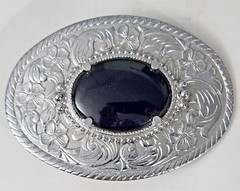 AWESOME Ornate Vintage Silver Buckle with Black Onyx Gem Floral Engraved Retro