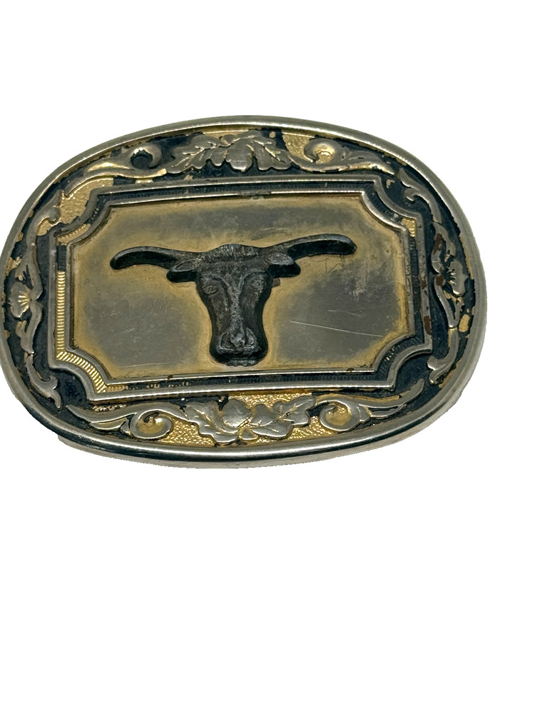 Vintage Longhorn Belt Buckle Metal Cow Steer Distressed Western