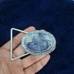 Natural Dendritic Agate Cabochon Belt Buckle – Silver Tone Filigree Setting