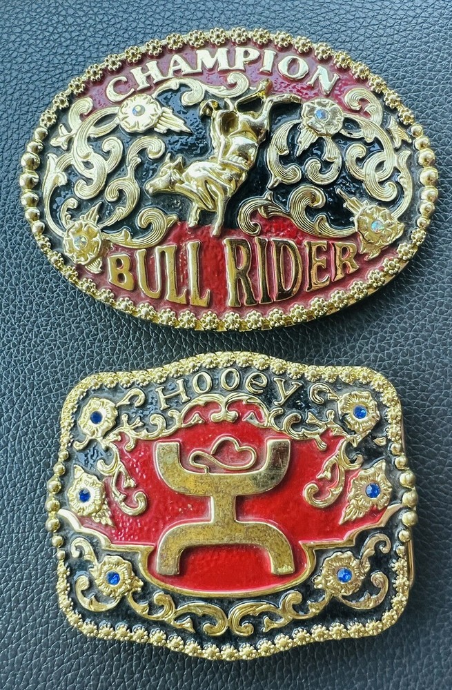 SET of Western Buckle Silver Black Red Cowboy Hooey Buckle Hebilla Vaquero