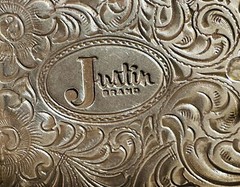 JUSTIN Boots Promo Silver Belt Buckle Western Scroll Work Cowboy Rodeo Oval
