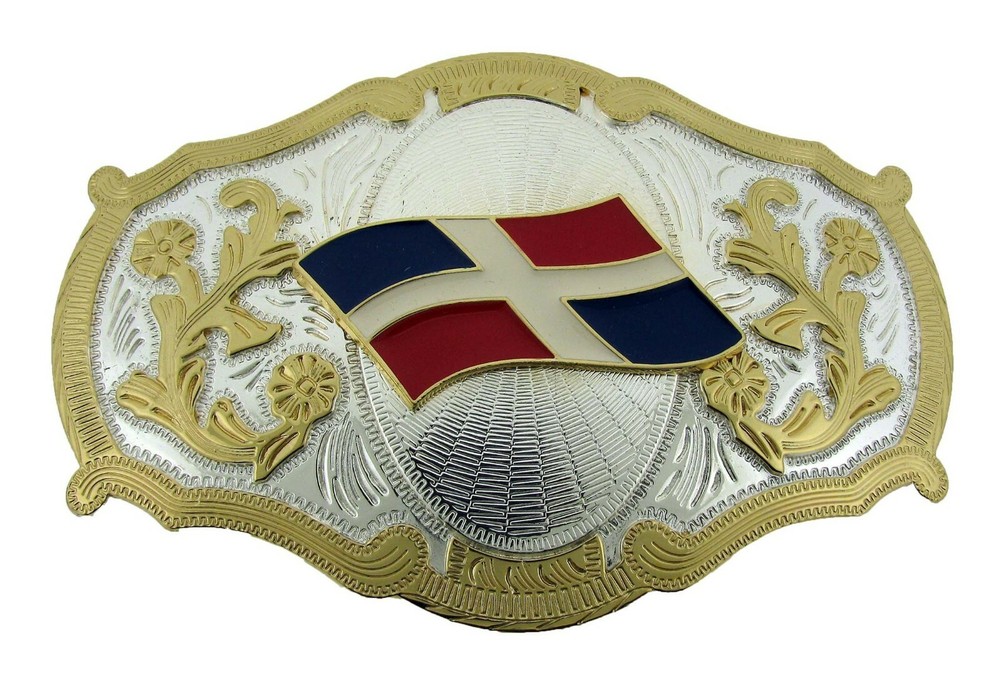 Dominican Republic Belt Buckle Flag Wide Silver Metal Mens Rodeo Western Texas